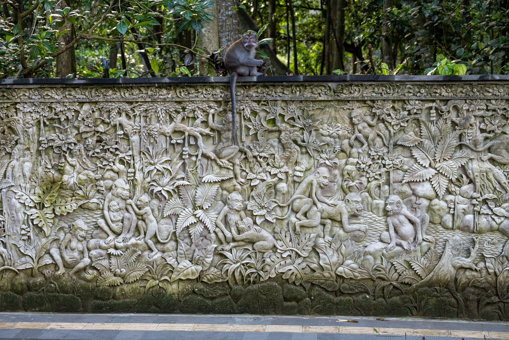 Que faire à Bali ? Les 17 meilleurs sites et activités 21 Macaque sur un relief en pierre dans la Monkey Forest d’Ubud