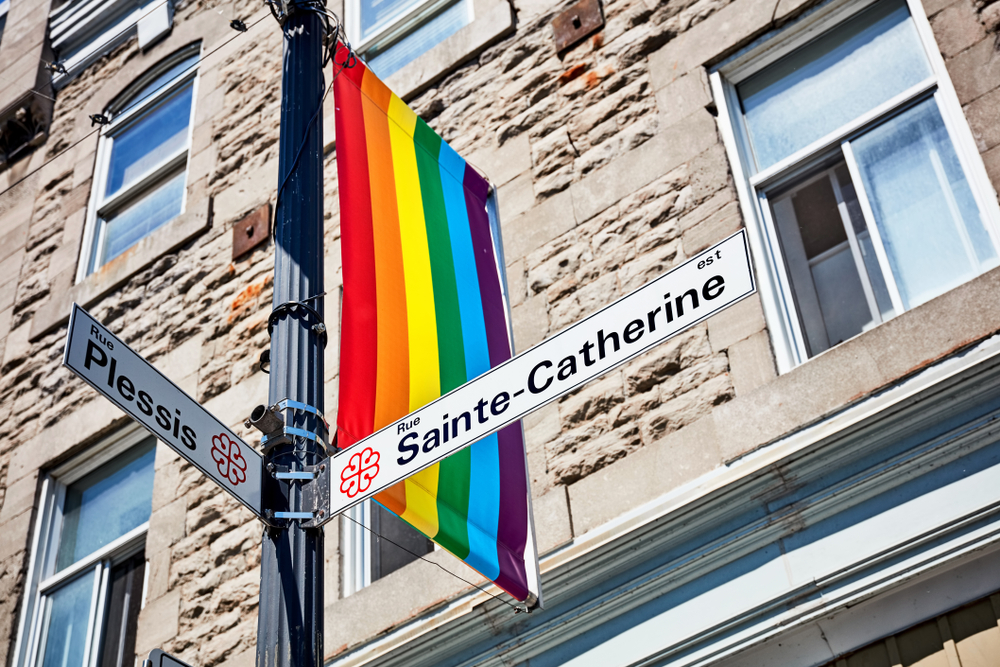 Plaques des rues Sainte-Catherine et Plessis avec un drapeau arc-en-ciel dans le Village à Montréal