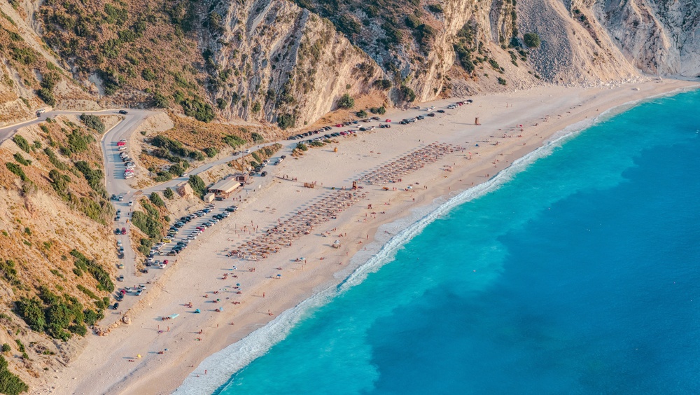 La plage de Myrtos à Céphalonie vue du ciel