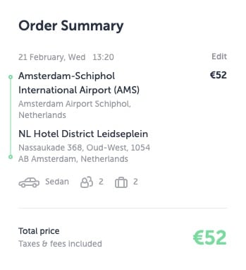 Prix d’un taxi réservé à l’avance de Schiphol à Amsterdam Leidseplein